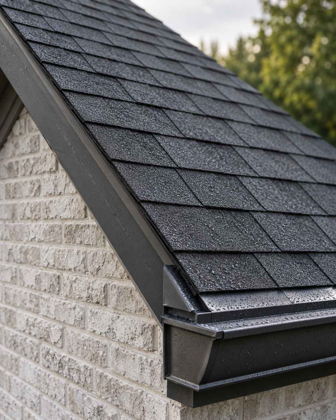 A close-up of a dark shingle roof edge meeting a brick wall, with a black gutter running along it